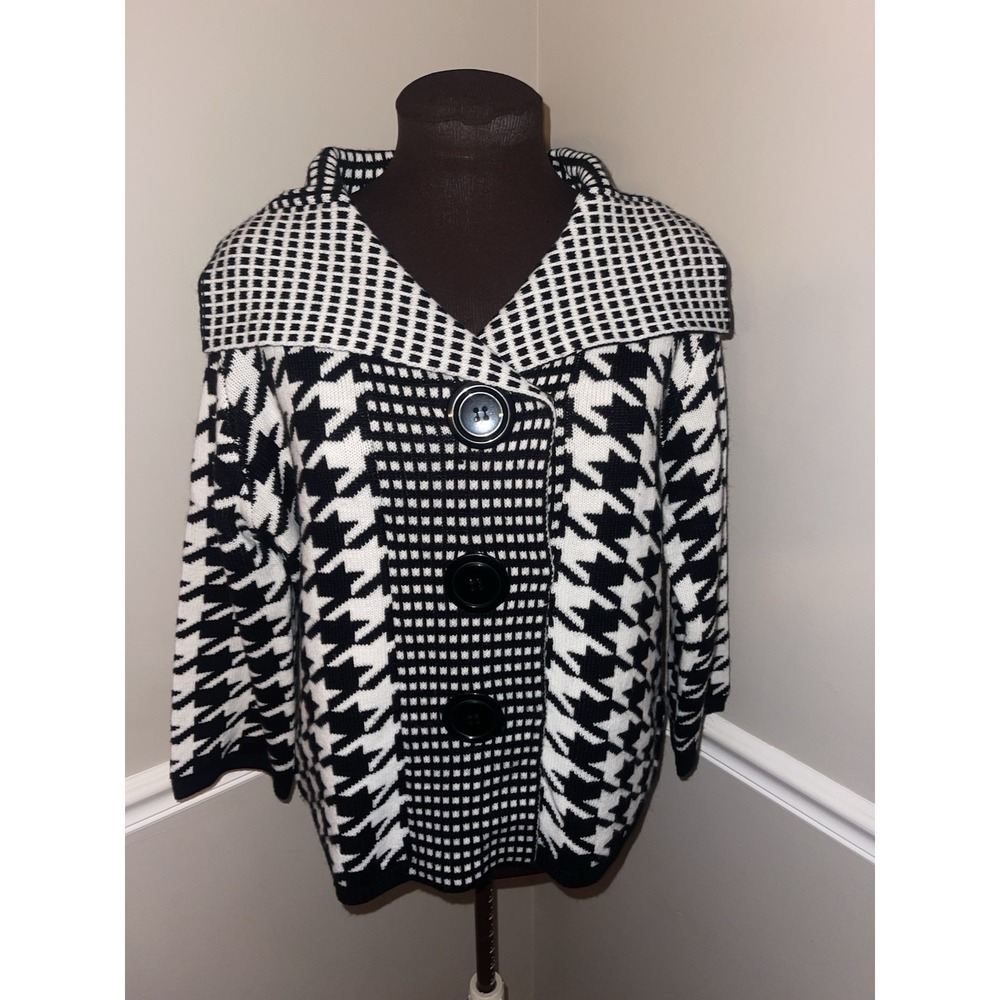 Sioni Cardigan Sweater Womens Large Black White Houndstooth Wool Blend Button